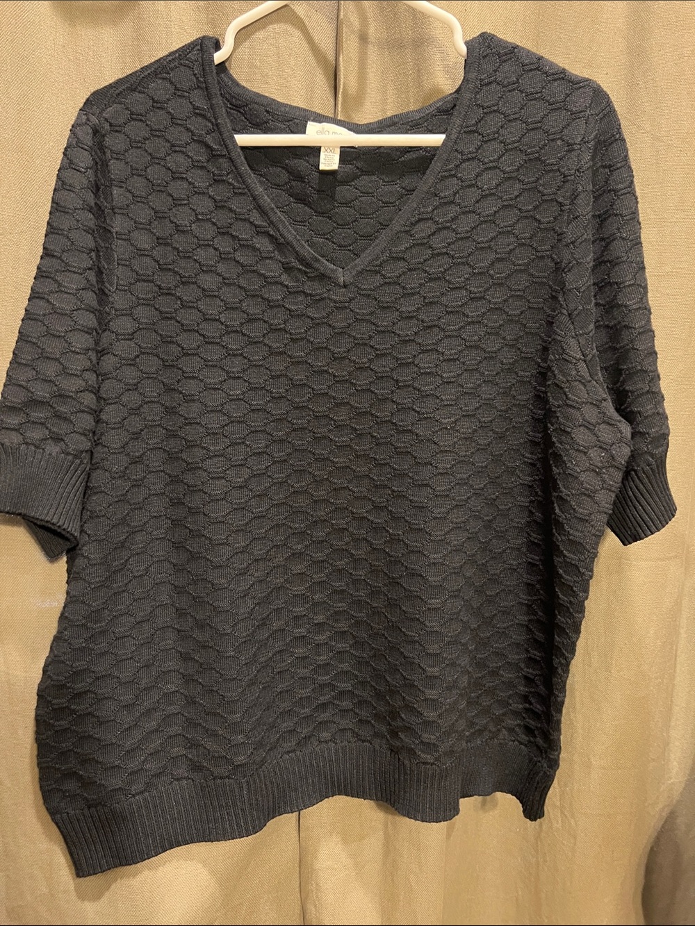 Ella Moss Black Textured V-Neck Short Sleeve Sweater
